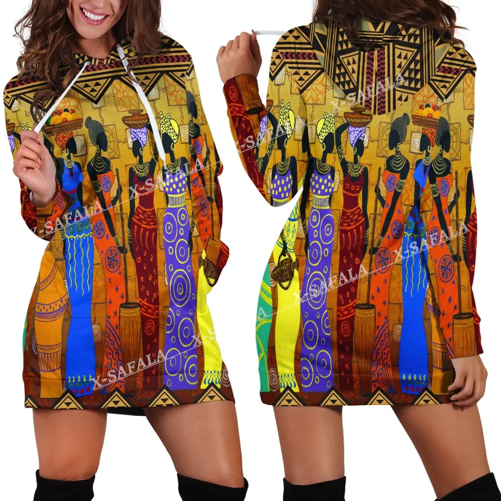 

African Black Girl 3D Fashion Printed Slim Hoodies Dress Women Casual Wear Long Sleeve Hooded Sweatshirt Pullover
