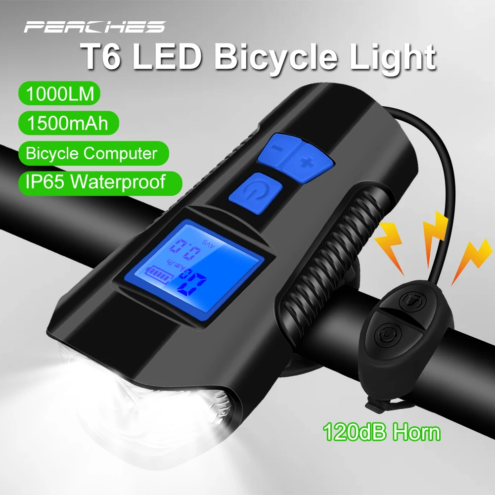 

T6 LED 1000LM Bicycle Front Light Rechargeable Lamp MTB Bicycle Speedometer Cycling Flashlight Horn Headlight Bike Accessories
