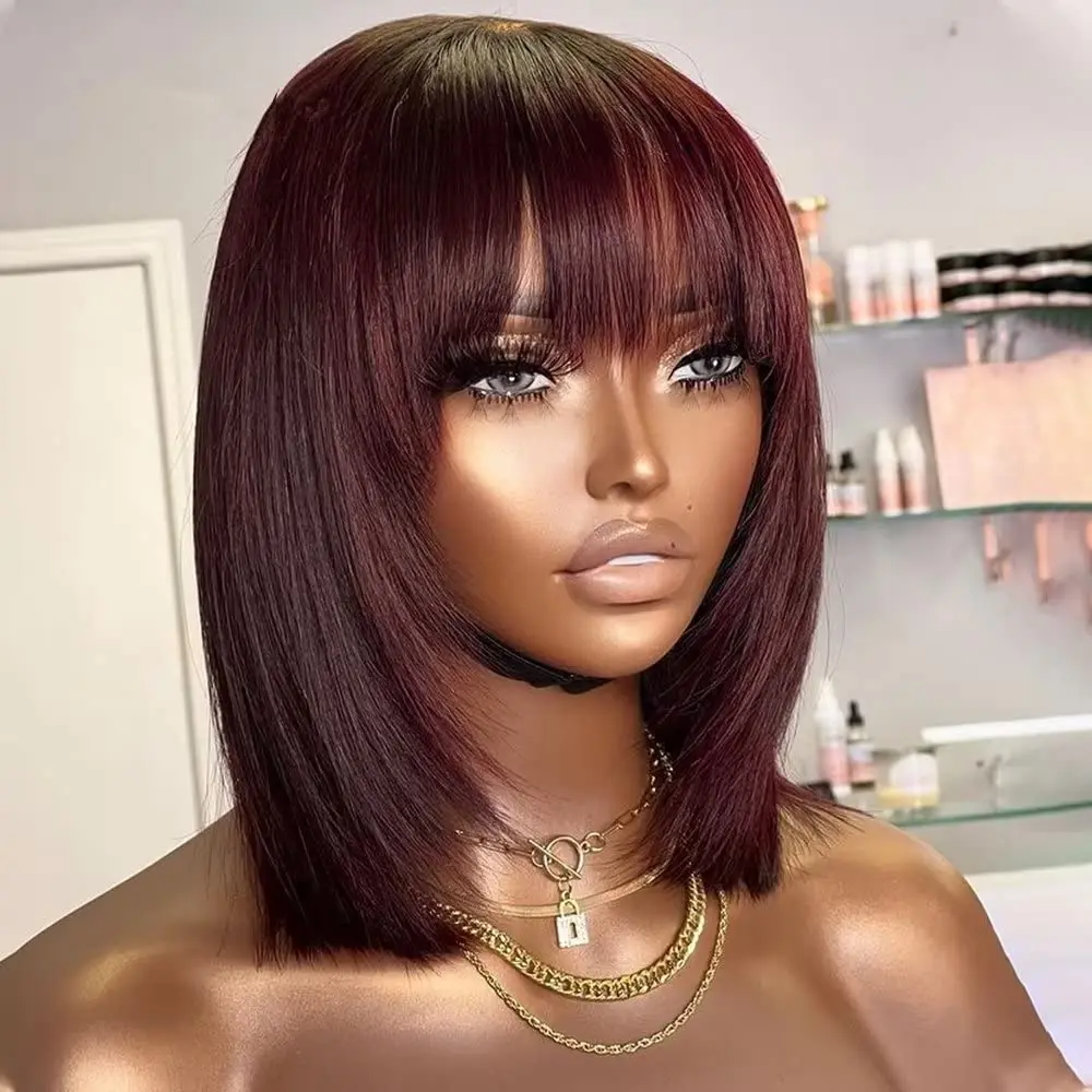 

99J Burgundy Straight Short Human Hair Wigs With Bang Bob Wigs Full Machine Made Brazilian Remy Human Hair Wigs for Black Women