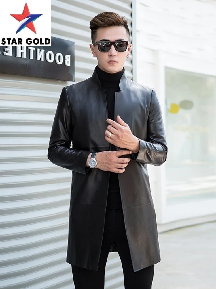 

Мужской длинный деловой Тренч из овечьей кожи, облегающая ветровка из натуральной кожи с воротником-стойкой, рабочая куртка, осень 100%