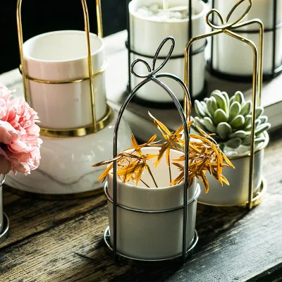 

Nordic vase iron frame flower frame ceramic hydroponic flowerpot green plant gold-plated flowerpot ins iron art fleshy flowerpot