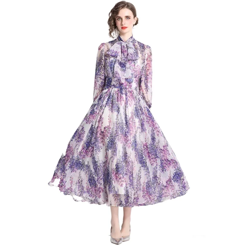 Simgent Chiffon Print Dress Women 2022 Spring Summer Three Quarter Sleeve A Line Elegant Print Long Dresses Vestidos SG23106