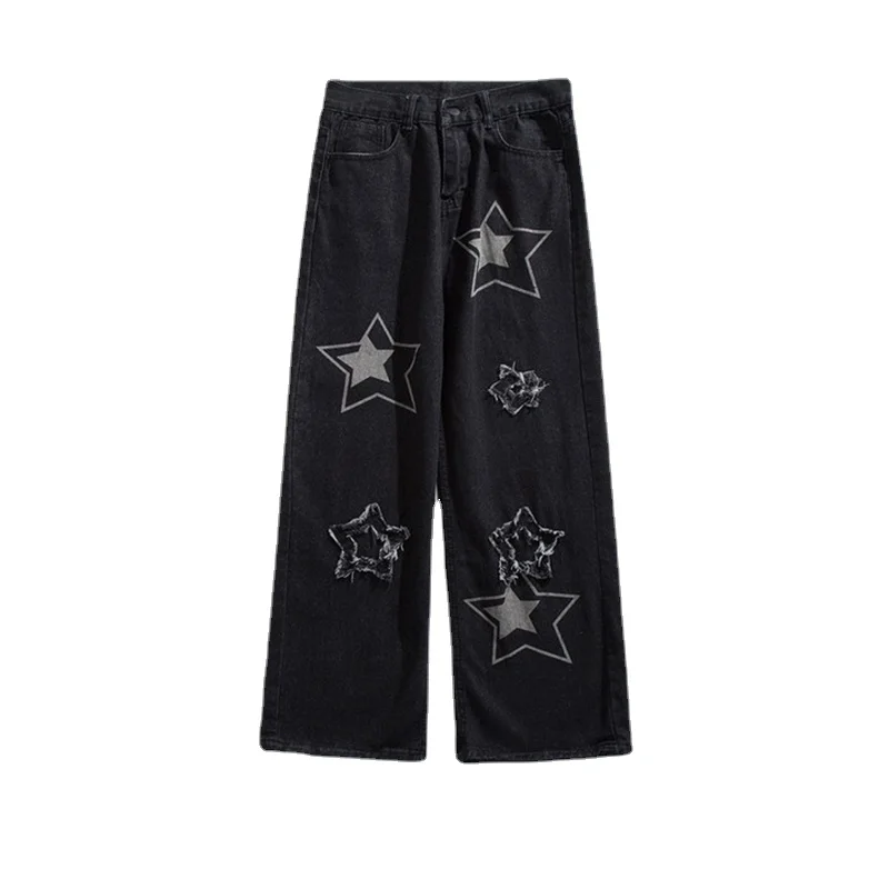 DEEPTOWN Y2K Star Pants Men's Jeans with Stars Streetwear Hip Hop Denim Pants Straight Trousers Male Embroidered Loose Casual