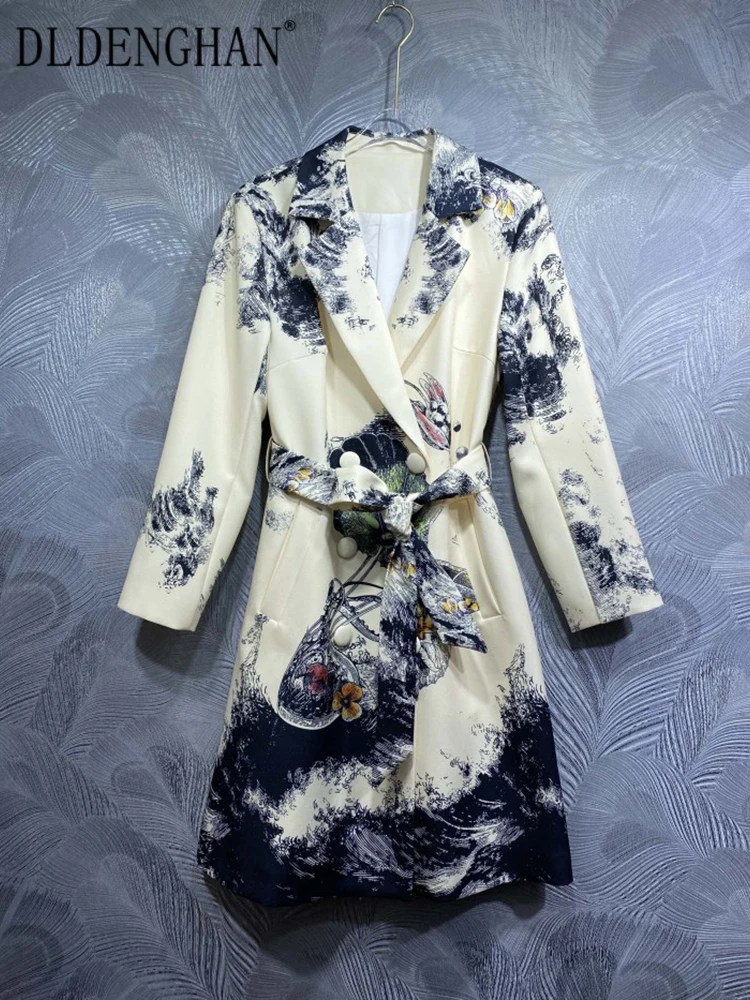 Осеннее пальто DLDENGHAN женское двубортное с отложным воротником и длинными