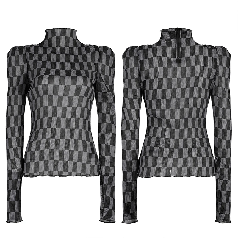 Женская плиссированная футболка в стиле панк-рейва с воротником-стойкой