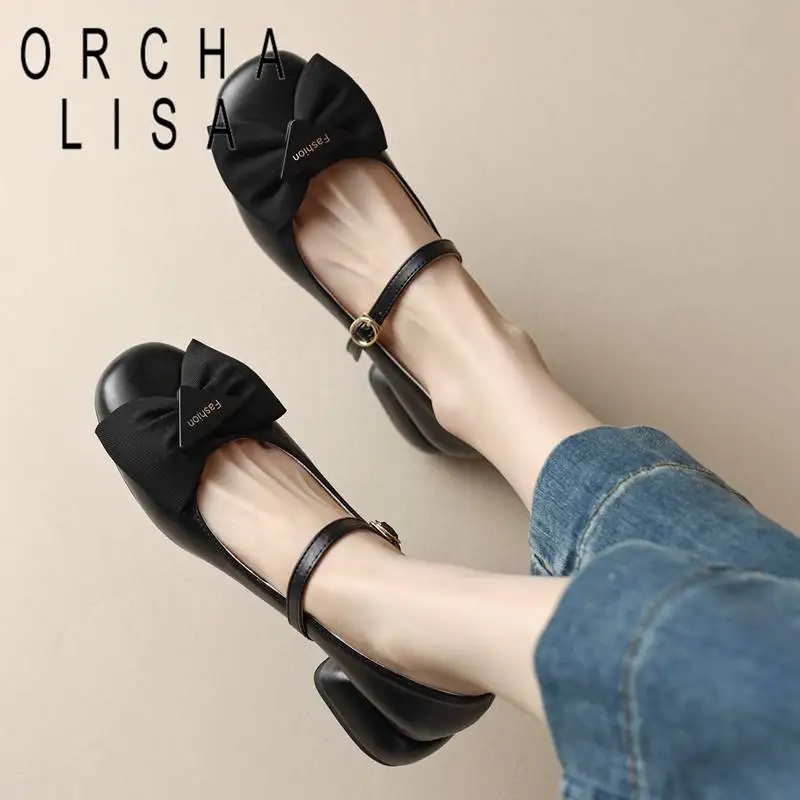 

ORCHA LISA Design Ladies Pumps Round Toe Low Heel Buckle Strap Butterfly Knot Shallow Elegant Plus Size 46 47 Daily Female Shoes