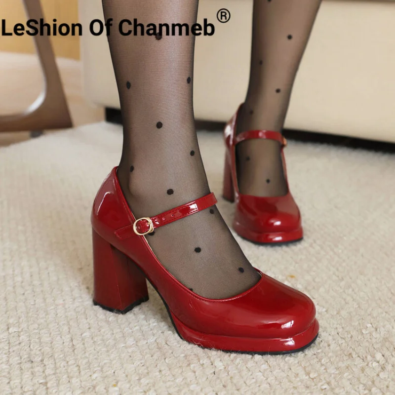 

LeShion Of Chanmeb Patent Leather Women Mary Janes Pumps Thick Red High-heels Buckle Shoes Lady Round Toe Small Size 32 33 Pumps