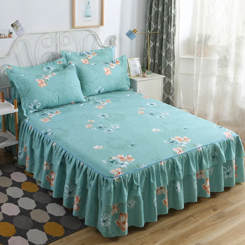 

Home Textile 3Pcs Fresh Bedspread Bedskirt Cotton Flower Printed Bed Linens for Home Elastic Fitted Sheet King Queen Bedskirt