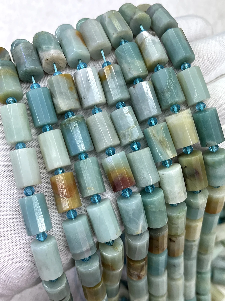 

Natural Amazonite Crystal Cylindrical Stone Section Beads Faceted Loose Spacer For Jewelry Making DIY Necklace Bracelet 15''