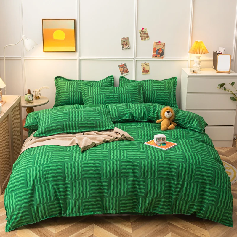 

Home Textile Emerald Print Home Living 3/4Pcs Bedding Sheet Pillow Case Plaid Duvet Cover Queen Size and King Size Bedding Sets