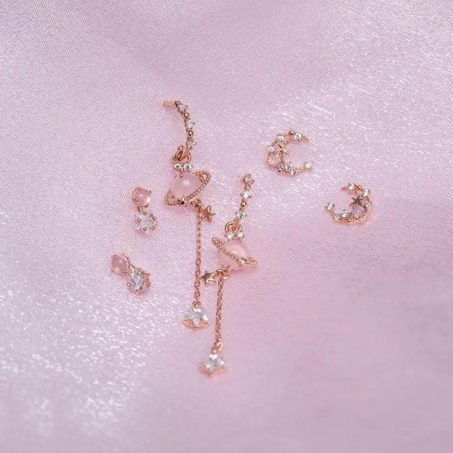

6pcs/Set ins Korean Style Moon Star Zircon Stud Earrings For Women Delicate Pink Planet Earring Set Fashion Jewelry Gift