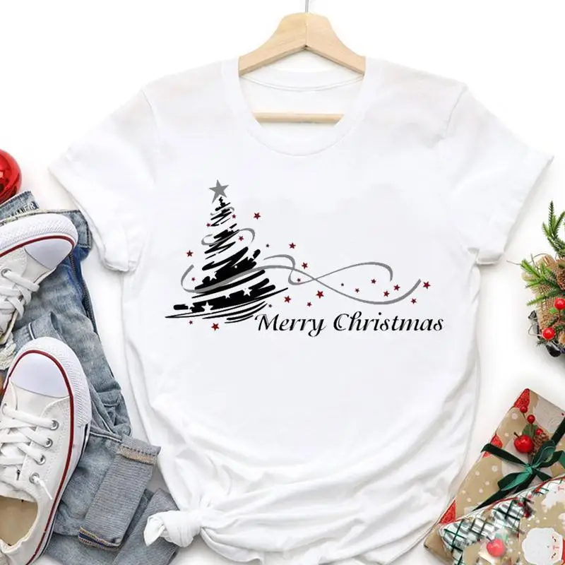 

Merry Christmas Women Trend Graphic T-shirts Holiday Tshirt Tree 90s Cute Style New Year O--neck Cartoon Top Travel Tees