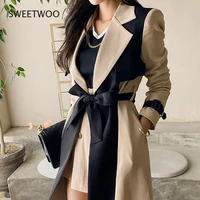 elegant notched collar ladies patchwork windbreaker full sleeve buttons belted women long trench coats 2022 winter