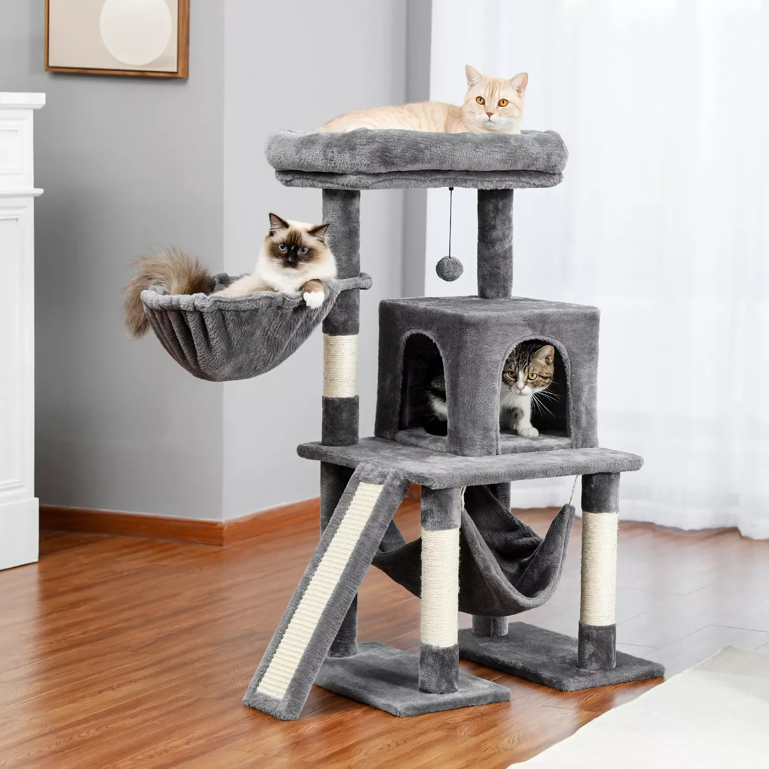 

Cat Tree Multi-Functional Cat Tower with Large Top Perch and Soft Condo Hanging and Spoon Hammock Cat Scratching Post Board