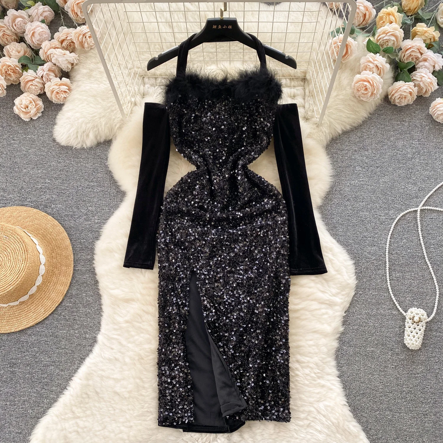 

Шикарное вечернее платье с пушистыми блестками и открытыми плечами, женское винтажное платье с запахом на бедрах