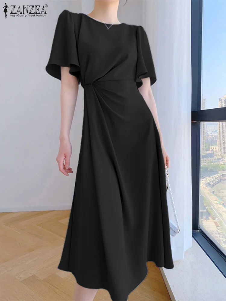 

ZANZEA Elegant Ruffles Sleeve Draped Dress Waisted Slit Hem Midi Dress Office Lady Summer Women Korean Fashion Party Vestidos