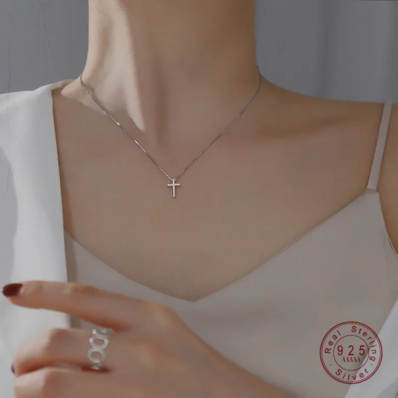 

AIDE 925 Sterling Silver Korean Simple Cross Pendant Necklace Woemn High Quality Vintage Anniversary Jewelry
