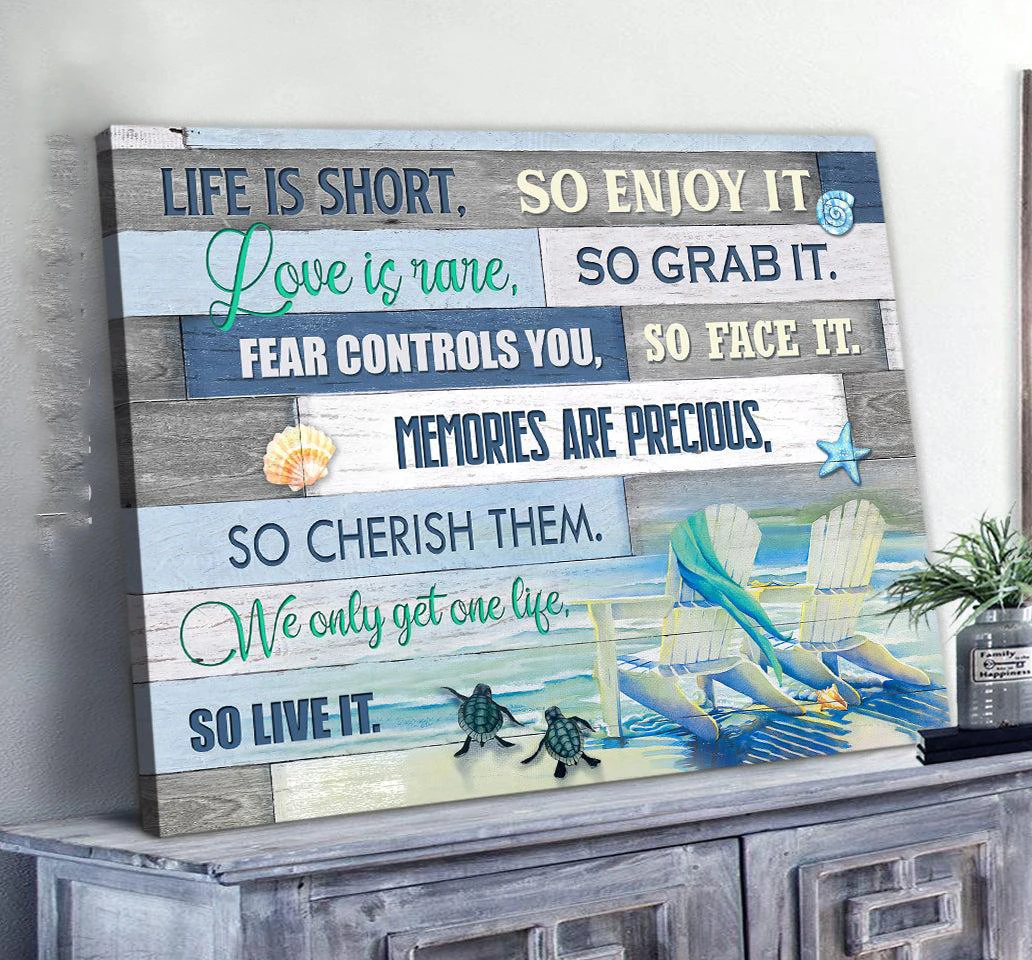 

Beach Canvas Wall Art, Turtle Wall Decor, Life Is Short So Enjoy It, Inspirational Home Bathroom Bedroom Wall Art Poster