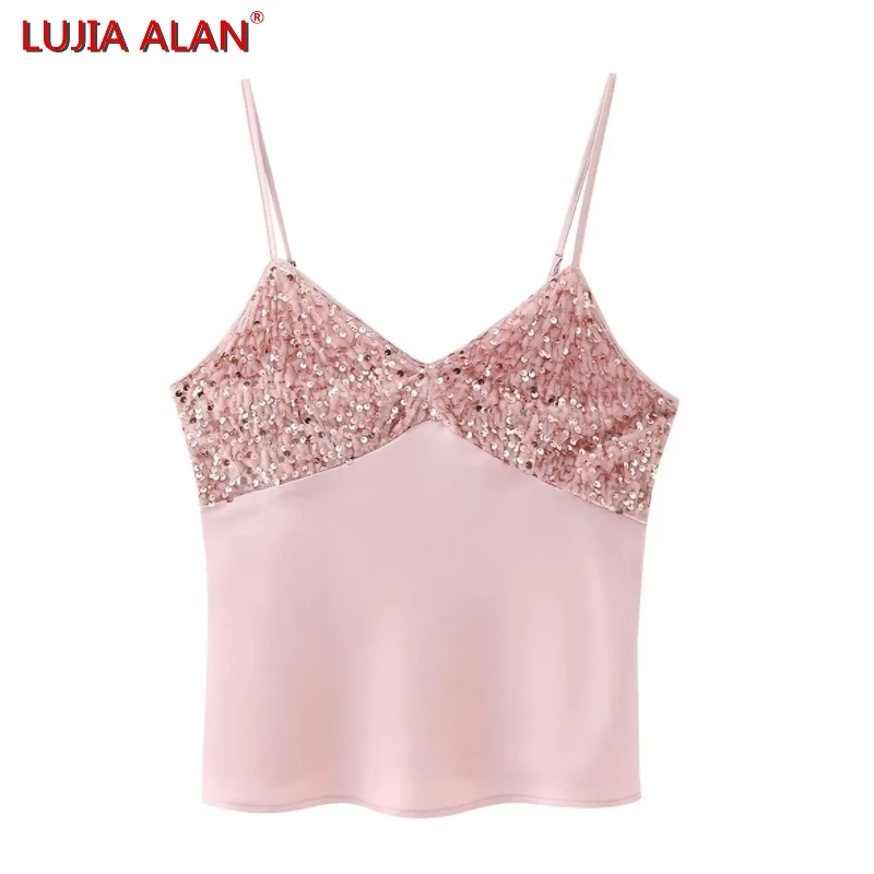 

New Women Sequin Design Patchwork Pink Satin Sling Blouse Female Sleeveless Shirt Casual Slim Fit Tops LUJIA ALAN B1683