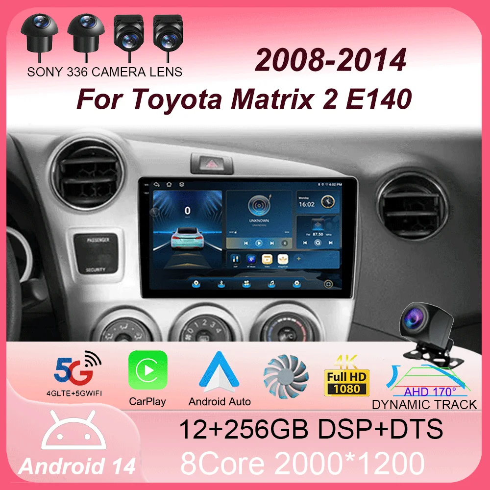 Автомобильный радиоприемник Android 14 Carplay Auto для Toyota Matrix 2 E140 2008 2009 2010 2011 2012 2013 2014