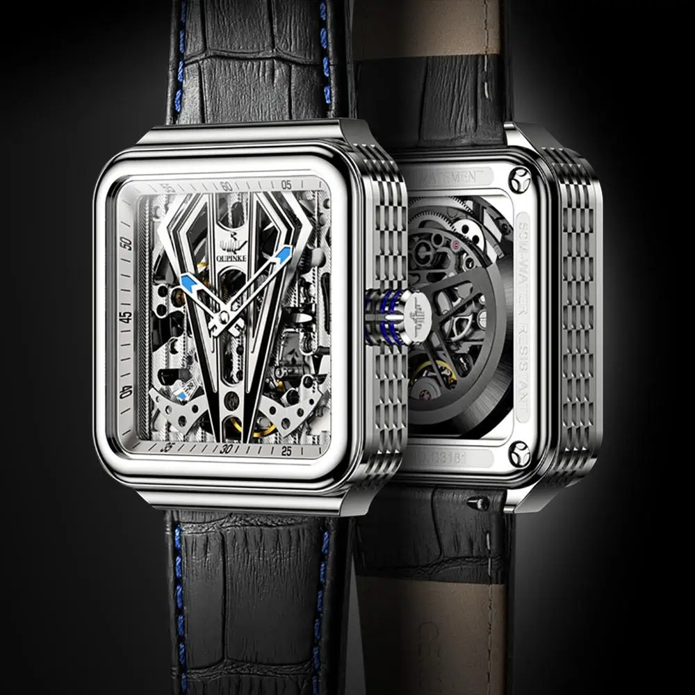 

OUPINKE автоматические часы мужские механические часы-скелетоны в стиле стимпанк сапфировые кристаллы Квадратные прозрачные Спортивные нару...
