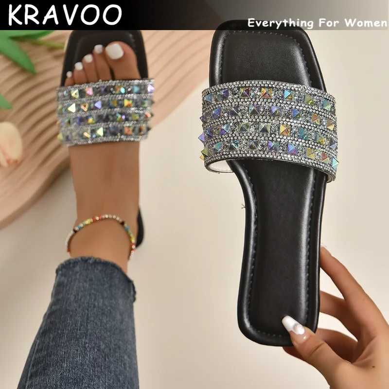 

KRAVOO Women Shoes Rhinestone Rivet Casual Slippers Square Toe Women Sandals Low Heels Slipper Outdoor Beach Slides Summer 2023