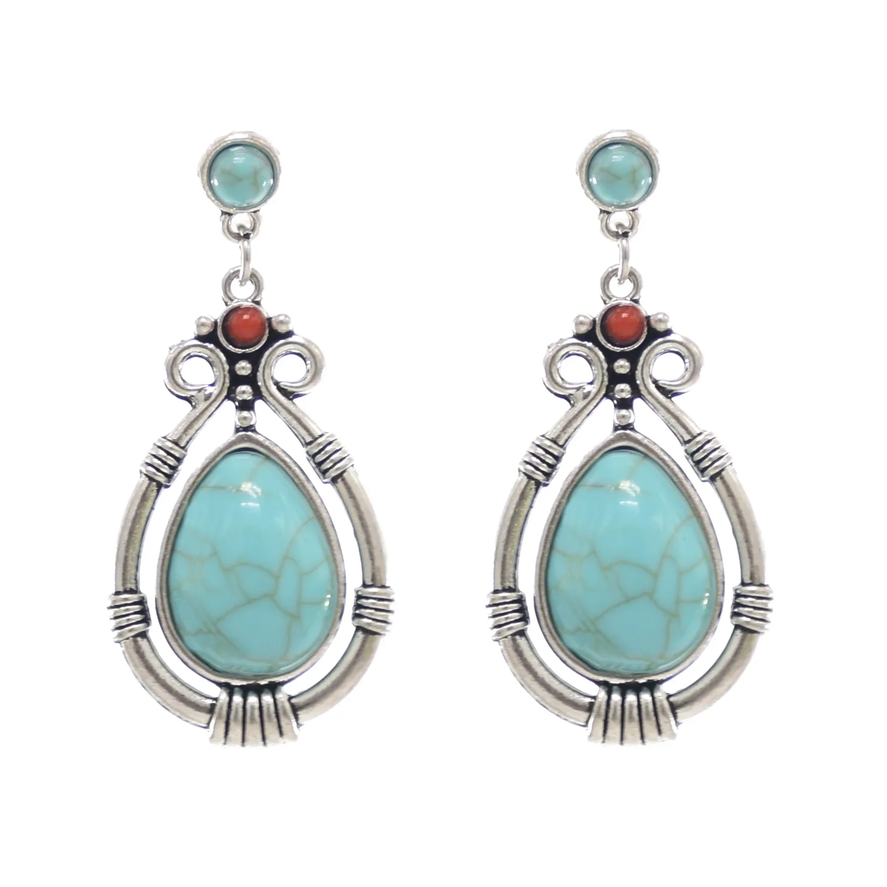 Модные серьги из сплава со встроенными зелеными бирюзовыми цветочными модельми