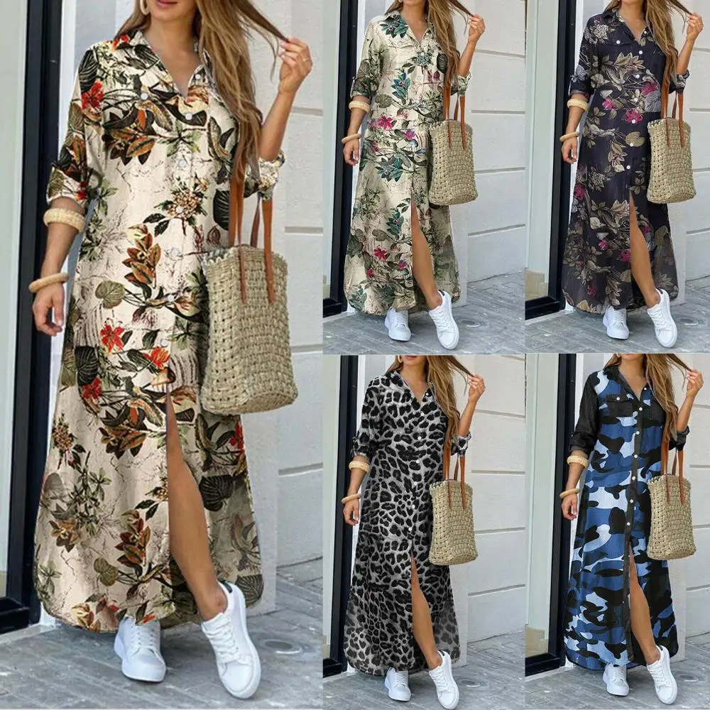 

Long Sleeve Women Dress Fashion Flowers Leopard Camo Print Split Hem Maxi Shirt Dress