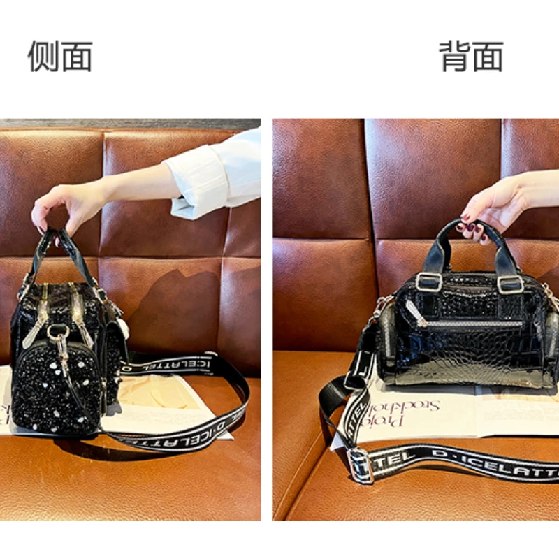 Split Leather Handbags for Women Top Handle Tote Bag Shoulder Bag Women Black Sparkle Sequines Messenger Bag Sac