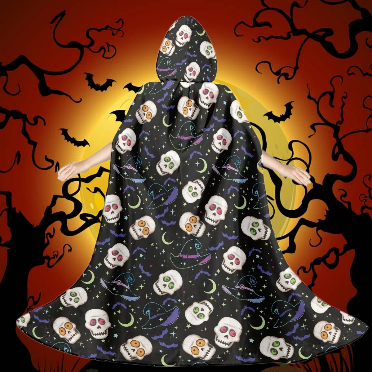 

Colorful Bat Moon Magic Hat Strap Dancing Skull Printed Halloween Cosplay Teen Student Unisex Hooded Robe Outdoor Cloak Costume