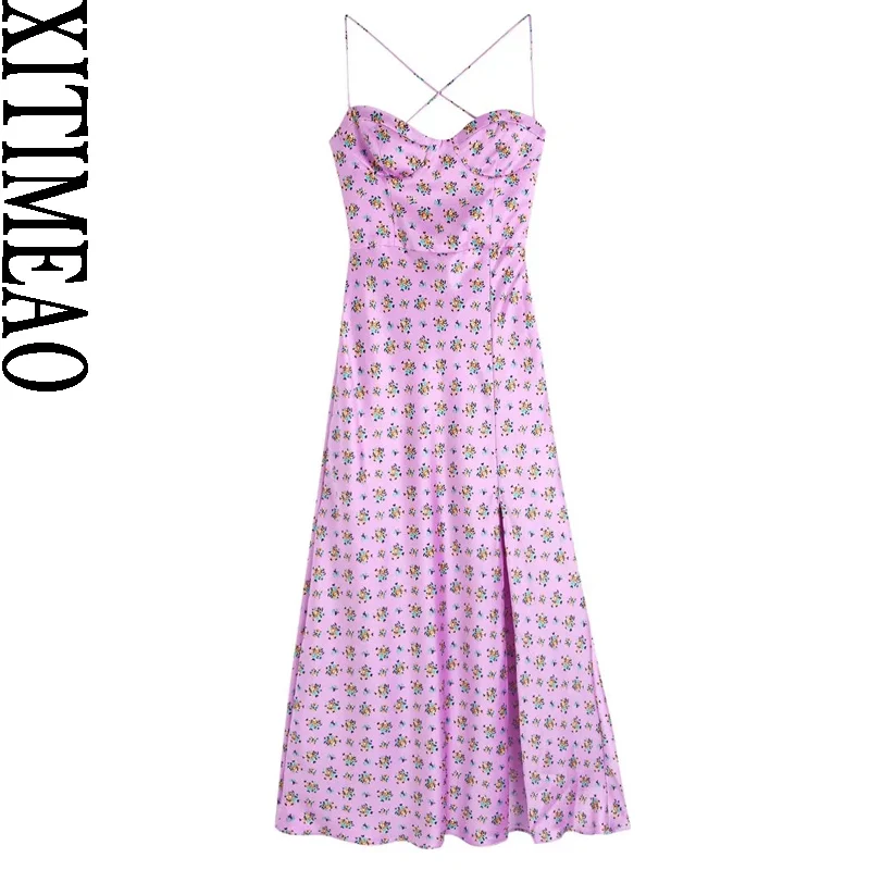 

Xitimeao Women Chic Fashion Print Slit Hem Midi Dress Vintage Backless Zipper Thin Straps Back Strap Female Dresses Vestidos
