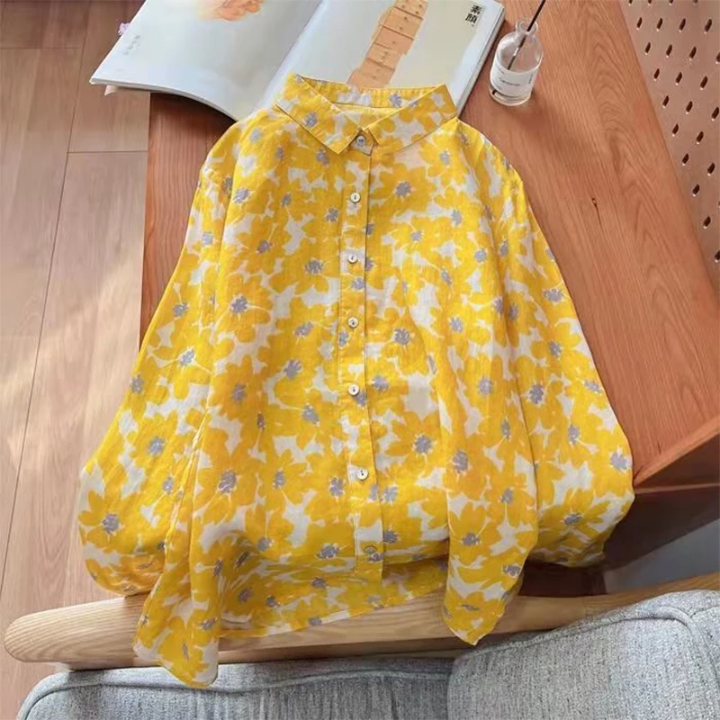

Spring Summer Arts Style Women Long Sleeve Turn-down Collar Yellow Shirts All-matched Casual Print Blouse Tops Size 4XL C44