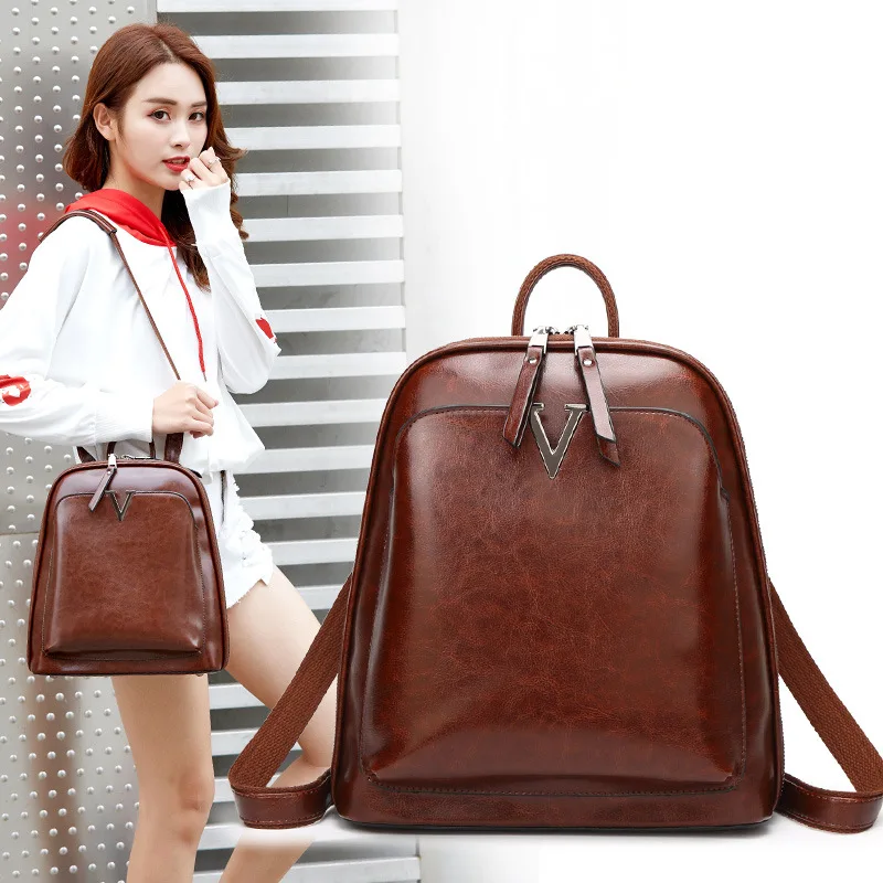 Geniune Leather Bags For Women Fashion Oil Waxed Leather Backpack Large Capacity Office Bag Retro Outdoor Sports Casual Backpack