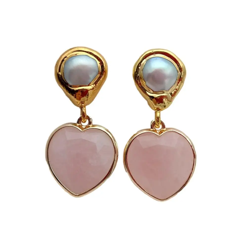 

Y.YING Cultured White Pearl Rose Quartz Heart Shaped Drop Stud Earrings Fashion Natural Stone Jewelry