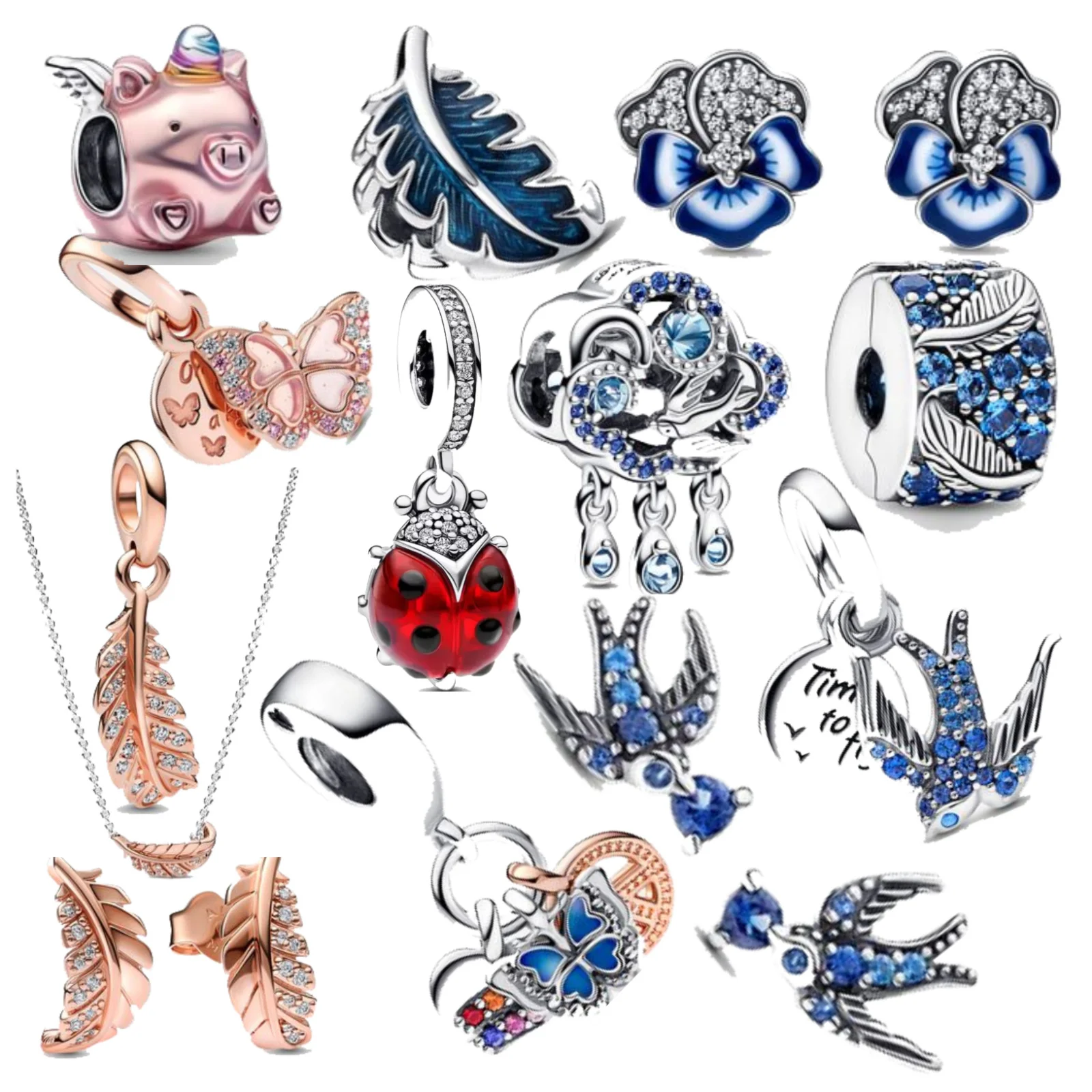 

2023Spring New Charm Swallow Blue Pansy Flower Red Ladybird Butterfly Firefly Bead Pendant Earring Fit Pandora Bracelet Necklace