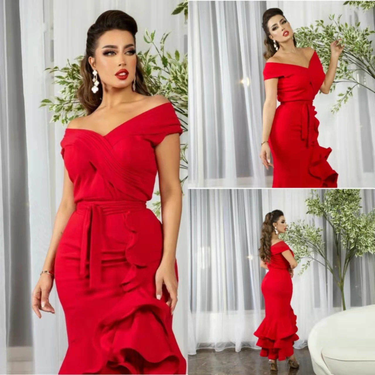 

Elegant Off Shoulder Short Red Evening Dresses Mermaid Satin Corset Back فساتين السهرة Tea Length robes de soirée for Women