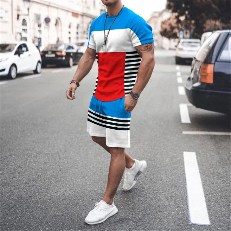 Summer Men's Short Sleeve Color Combination Striped T-Shirt Top 2 Piece Set + Cools Tracksuit Street Fashion Shorts