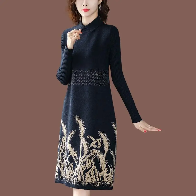 

Женские вязаные платья для осени, новинка 2022, повседневный женский свитер в офисном стиле, пуловер оверсайз с отложным воротником и принтом, до колена