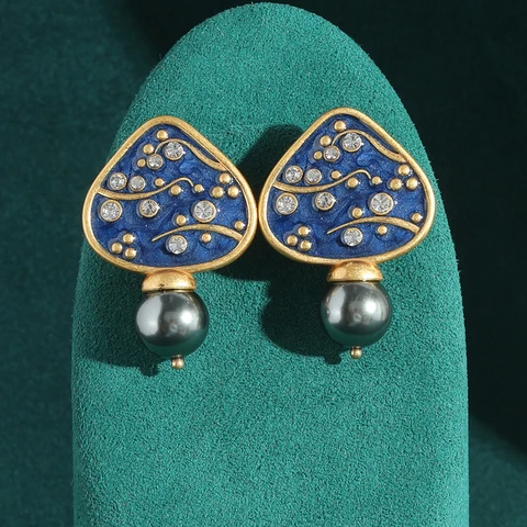 Винтажные синие треугольные эмалированные серьги-гвоздики для женщин, аксессуары, серый жемчуг, золотой цвет, ювелирные изделия со стразами, роскошные свадебные украшения