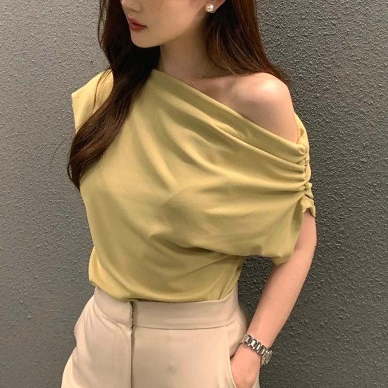 

Chic Summer Fashion Folds Clothes New French Style Skew Collar Sexy Off Shoulder Shirt Tops Office Lady Solid Color Blouse 27603