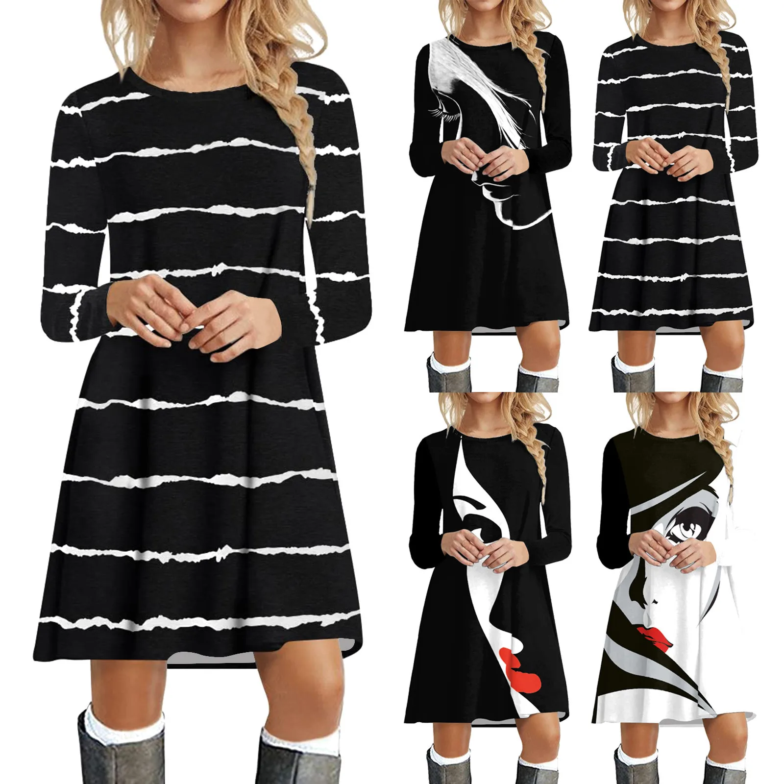 

Женское Хлопковое платье-футболка с длинным рукавом, свободного кроя