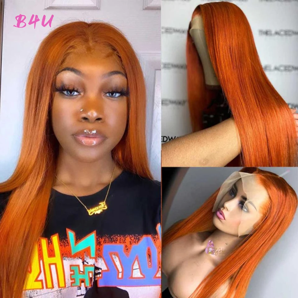 B4U HAIR Orange Ginger Lace Front Wigs Malaysian Straight Lace Front Wig For Women Body Wave Colored Human Hair Wigs 180 Density