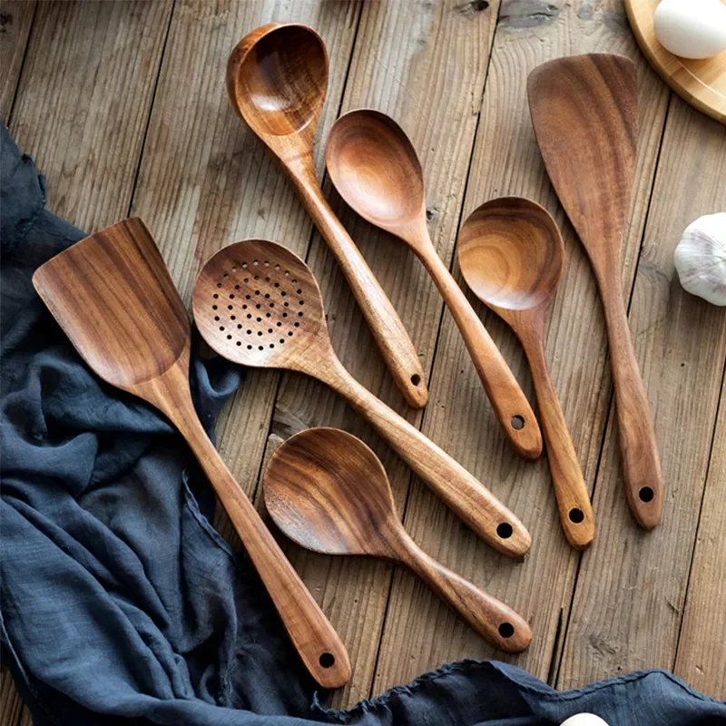 

8Pcs/set Kitchen Cookware Teak Natural Wood Kitchenware Cookware Set Non Stick Cooking Soup Spoon Colander with Bucket Tableware
