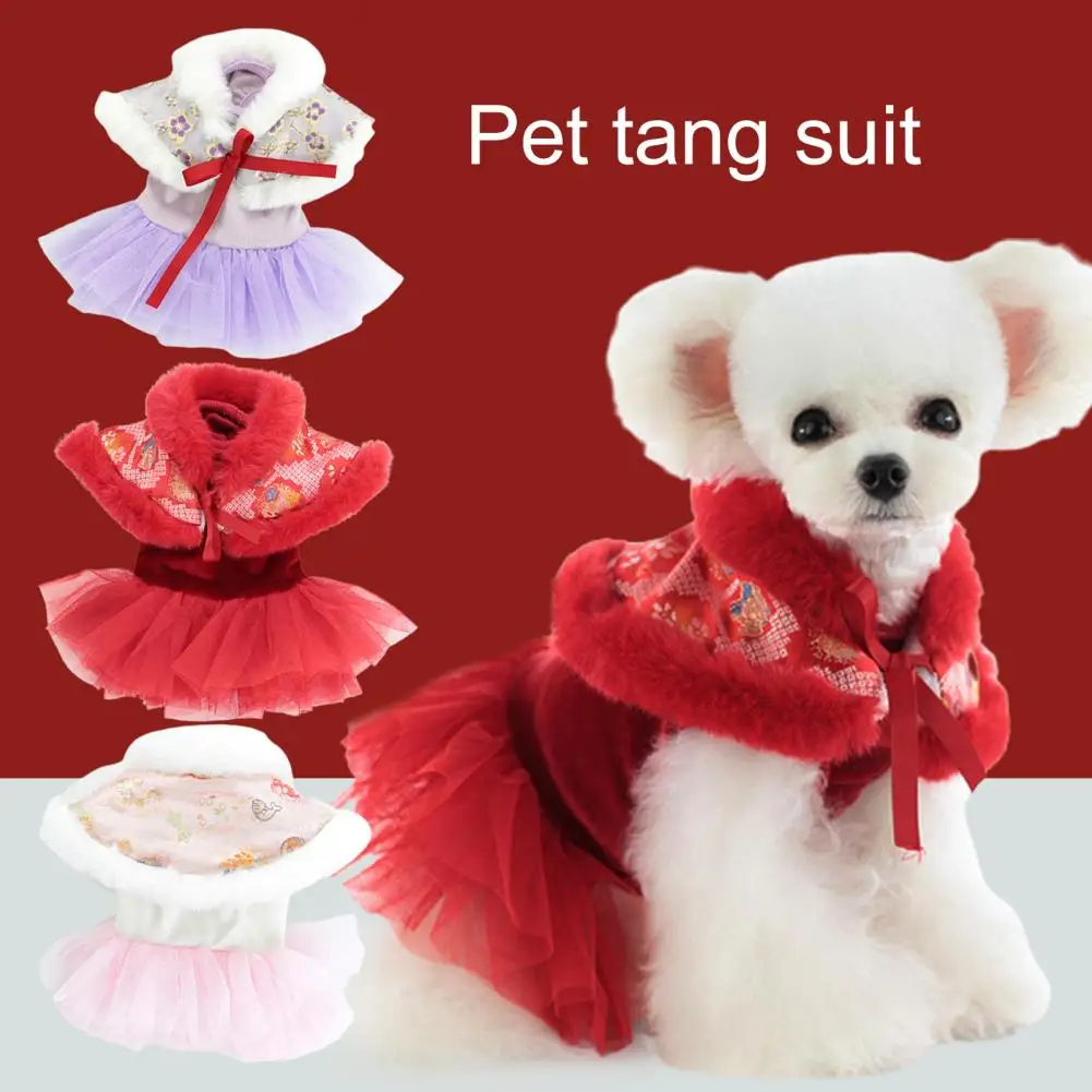 

Chinese Tang Pet Dress Cape Plush Scattered Hem Flower Print Bow-knot Keep Warm Lace Up Two Legs Dog Winter Dress for Daily Wear
