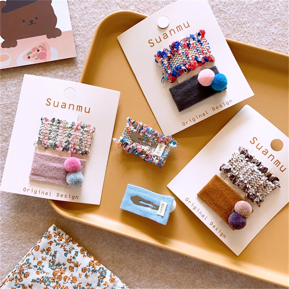 

Embroidery Wool Ball Hairpin Trendy Women Handmade Bangs Hair Clip BB Hindbrain Spoon Hair Accessories Ornament For Girls 2PCS
