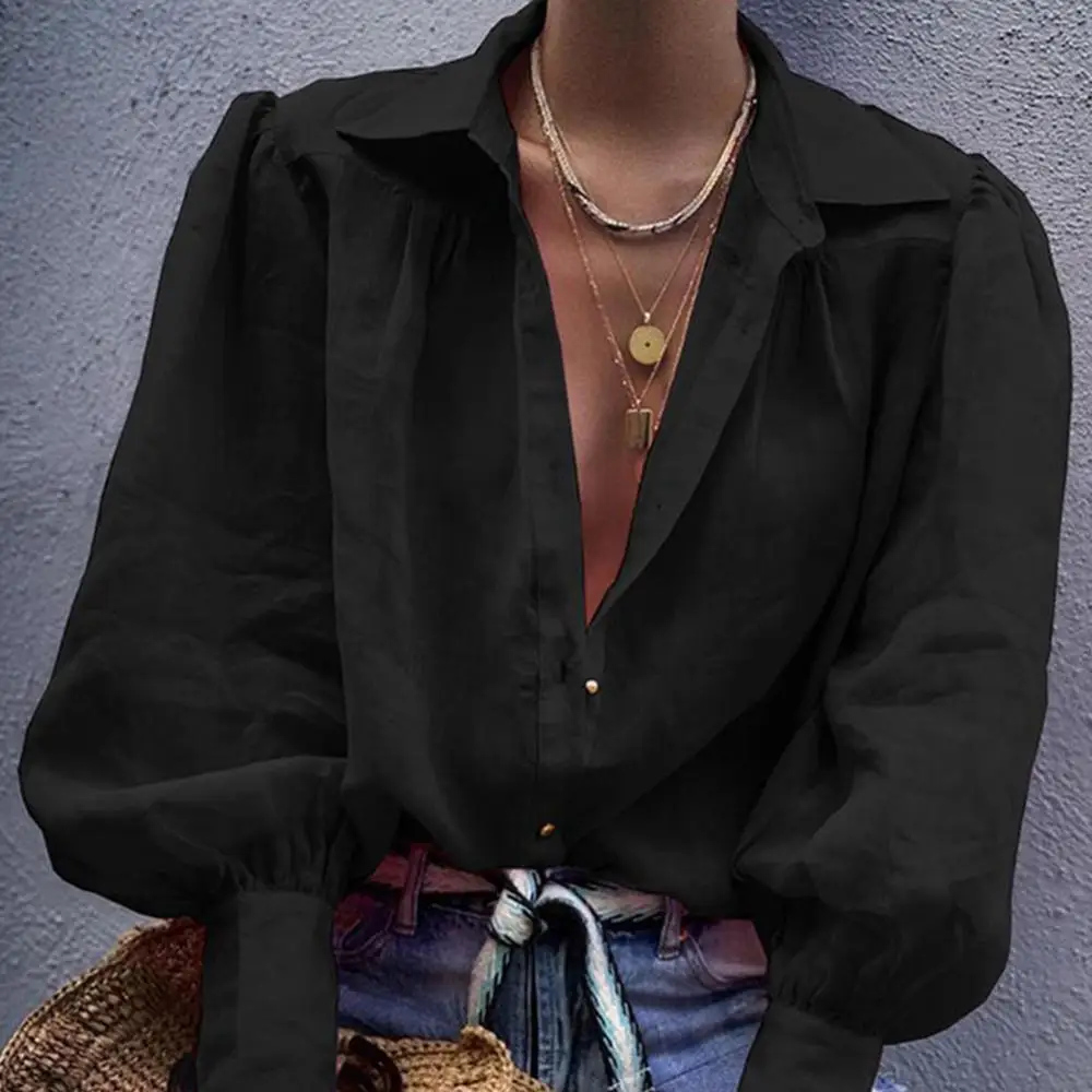 

Женская Офисная рубашка с длинным рукавом, однотонная блузка с отложным воротником и V-образным вырезом, топы для повседневной жизни, весна ...