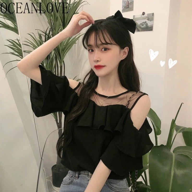 

Sweet Summer Blouses Women Tops Korean ashion O Shoulder Rules Blusas Mujer Casual Short Shirts