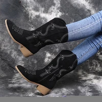 new women high boots fashion embroidered side zip chunky heel calf boots simple solid color martin boots plus size bota feminina