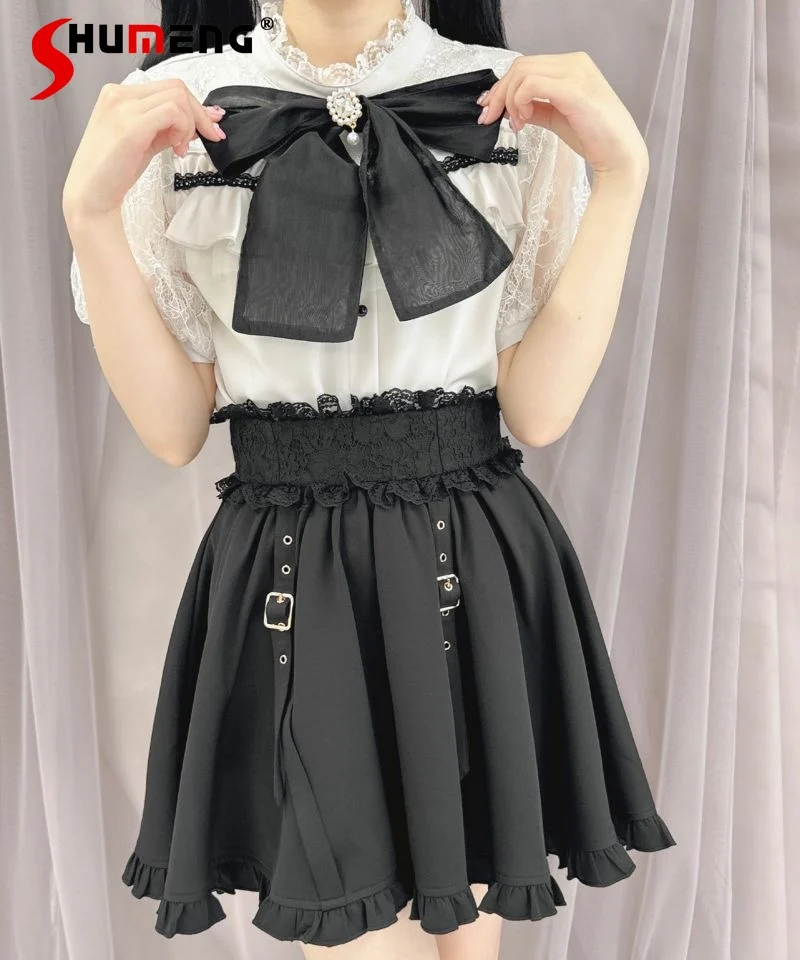 

Japanese Style Rojita Mini Skirt Lace Belt Lace Solid Color Buckle A- Line Summer Women's Casual Skirts High Waist Short Skirt