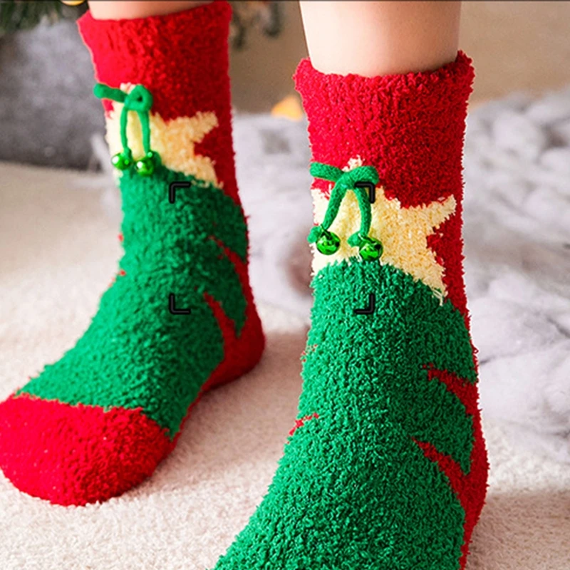 

4 Pairs Women Christmas Microfiber Fuzzy Slipper Socks Cartoon Santa Tree Print Winter Thicken Cozy Warm Box drop shipping
